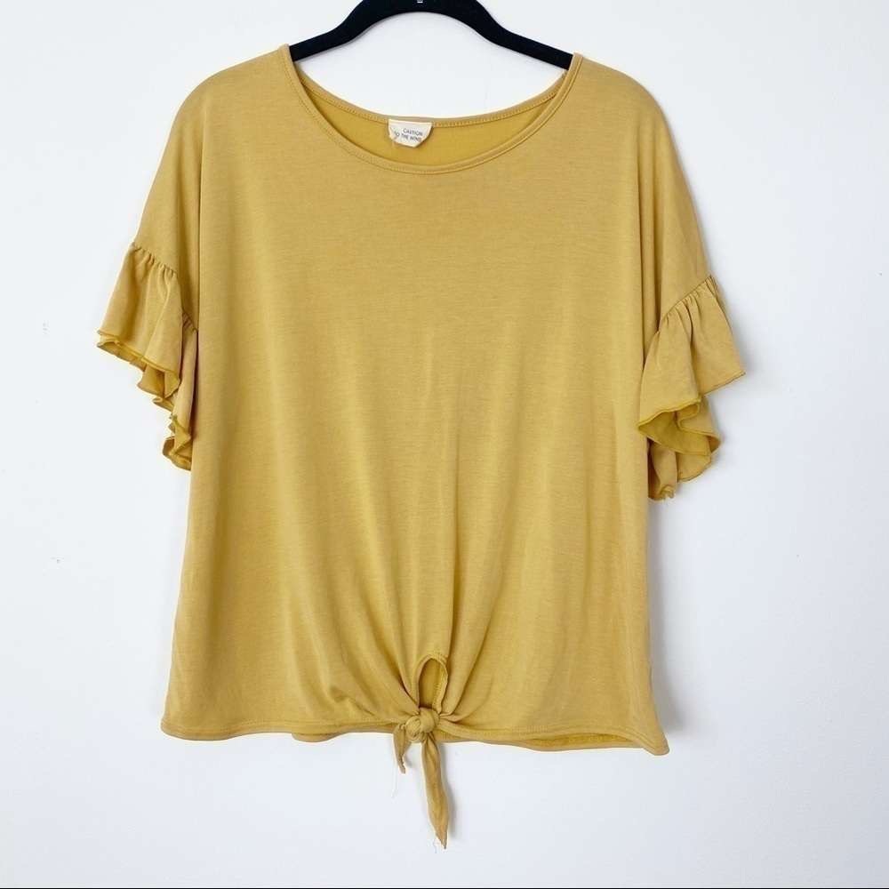 Love Tree Mustard Ruffle Sleeve Tie-Front Top